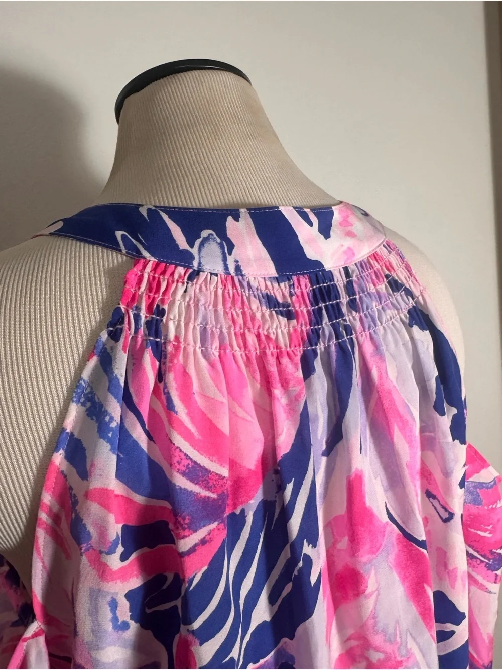Lilly Pulitzer Pink and blue printed Sunny Shoulder Elsa 100% Silk Romper size M